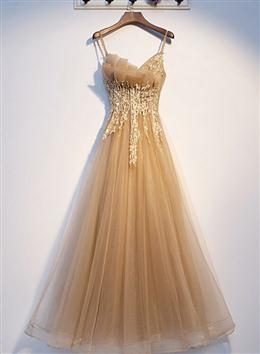 Picture of Lovely Champagne Tulle with Lace Long Formal Dresses, Champagne Formal Dresses